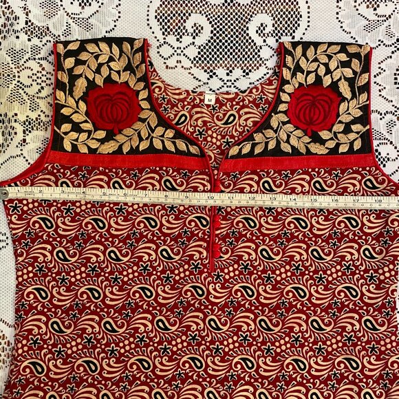 Cotton India Blockprint Embroidered Tunic Dress Roses & Paisley - Picture 8 of 10